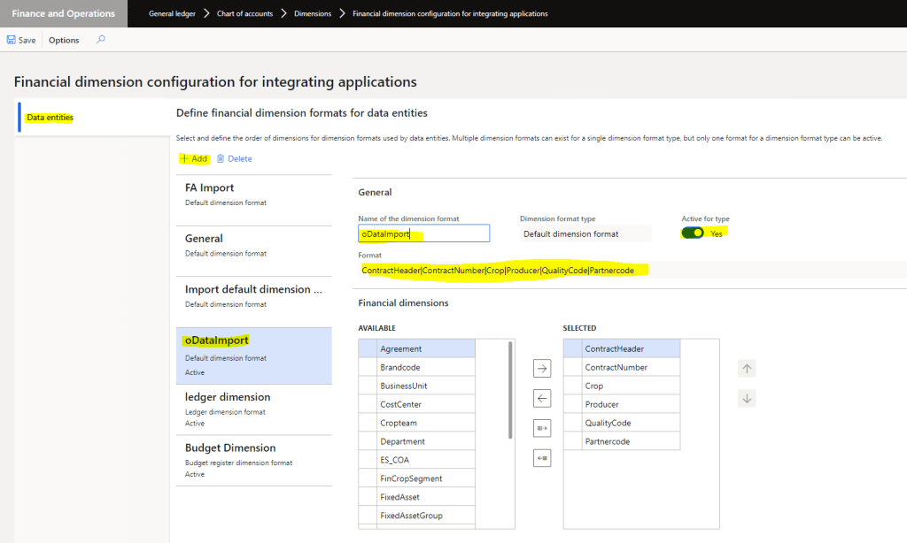 Dynamics 365 UO Set financial dimension using oData  configuration for integrating applications
