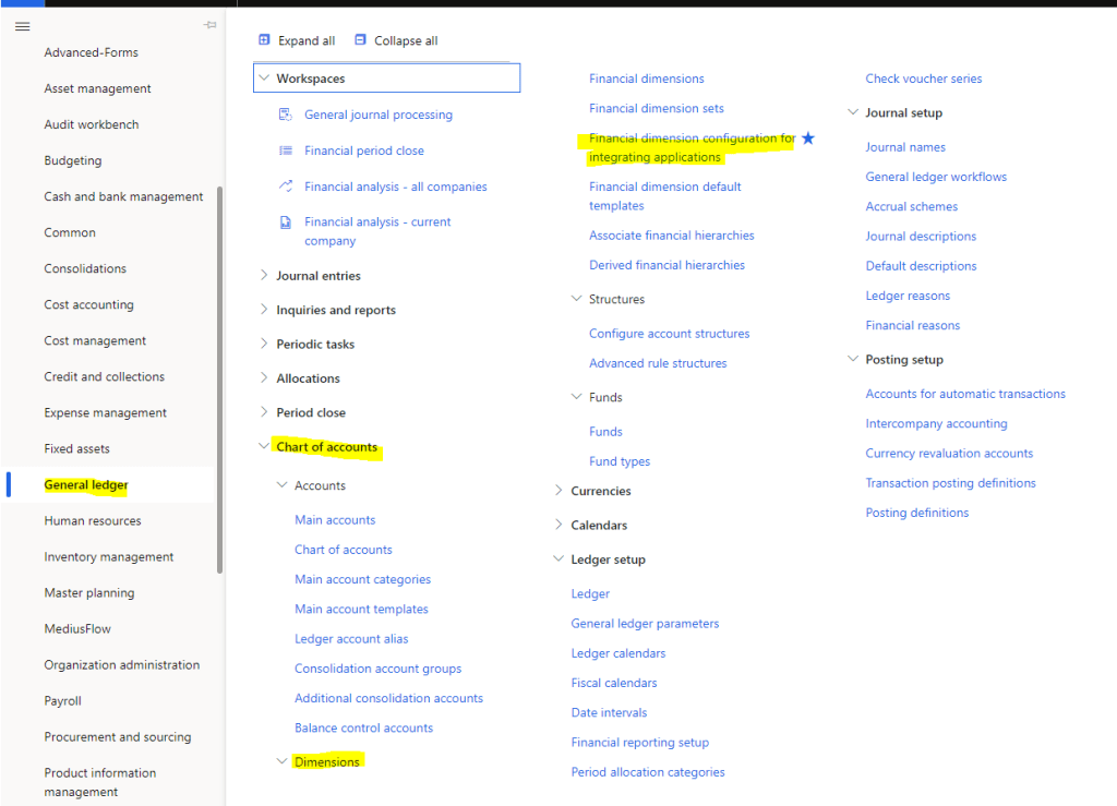 Dynamics 365 UO Set financial dimension oData Finanncial dimension configuration General ledger > Chart of accounts > Dimensions > Financial dimension configuration for integrating applications