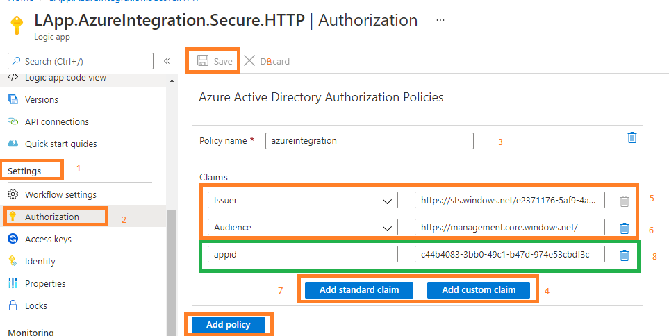 secure logic app HTTP trigger endpoints Provide information for authorization policy