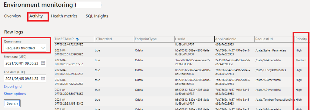 Priority based throttling for integrations with enviornment monitoring in LCS for throttled events