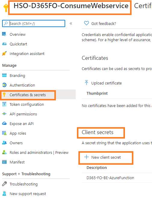 D365FO business event integration with  Azure Function App, Logic Apps, APIM, and WebAPIs : Generate New Client Secret