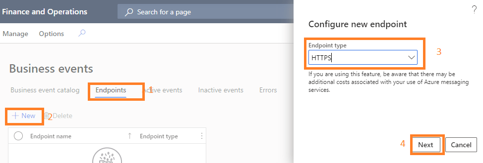 D365FO business event integration with  Azure Function App, Logic Apps, APIM, and WebAPIs : Configure new end point